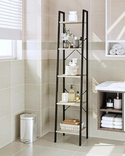 Ladder Shelf, Bookshelf Bookcase, Freestanding Corner Storage Shelve with 2 Hooks for Home Office, Living Room, Kitchen, Bedroom, Industrial, 5-Tier Greige BC03205B - LeafyLoom