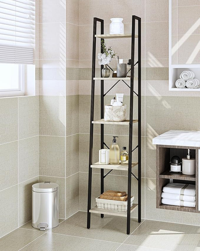 Ladder Shelf, Bookshelf Bookcase, Freestanding Corner Storage Shelve with 2 Hooks for Home Office, Living Room, Kitchen, Bedroom, Industrial, 5-Tier Greige BC03205B - LeafyLoom