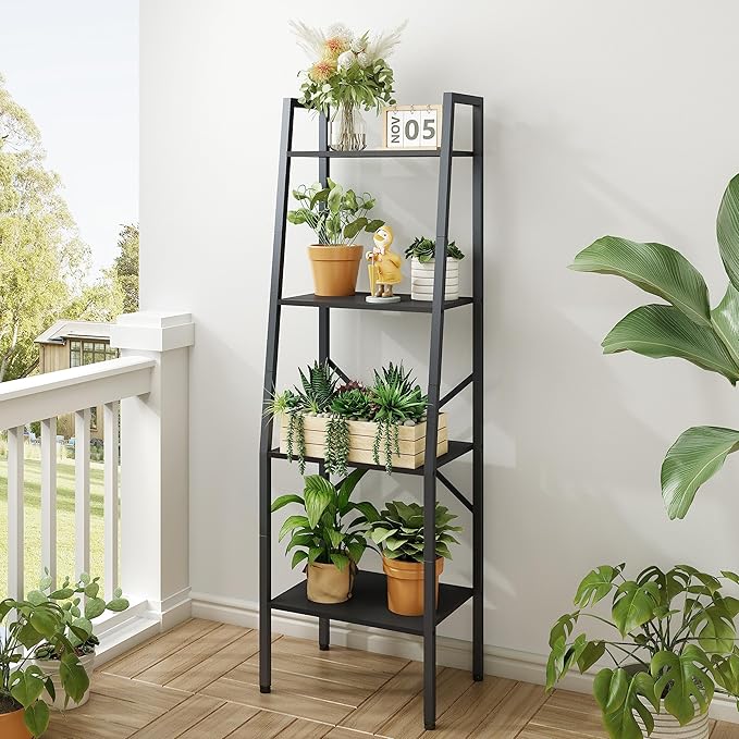 Hoctieon Ladder Shelf Bookcase, 4-Tier Ladder Bookshelf, Tall Bookshelf with Metal Frame, Industrial Bookshelf Ladder, for Living Room, Kitchen, Home Office, Bedroom, Simple Assembly, Black - LeafyLoom