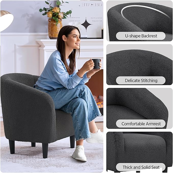 Yaheetech Accent Barrel Chair, Boucle Fabric Club Chair, Furry Sherpa Elegant Armchair with Cozy Soft Padded, Suitable for Living Room Bedroom Reception Room Office, Dark Gray - LeafyLoom