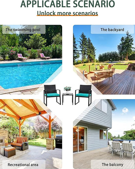 Shintenchi 3 Pieces Outdoor Patio Furniture Set, Modern Wicker Bistro Set, Conversation Rattan Chair of 2 with Coffee Table for Yard Porch Poolside Lawn(Blue Cushion) - LeafyLoom
