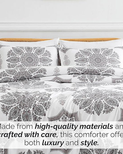 Southshore Fine Living, Inc. Oversized Full/Queen Comforter Bedding Set, Down Alternative Boho Bedspread, Paisley Floral Print Comforter, Full Size/Queen with 2 Matching Shams, Grey on White - LeafyLoom