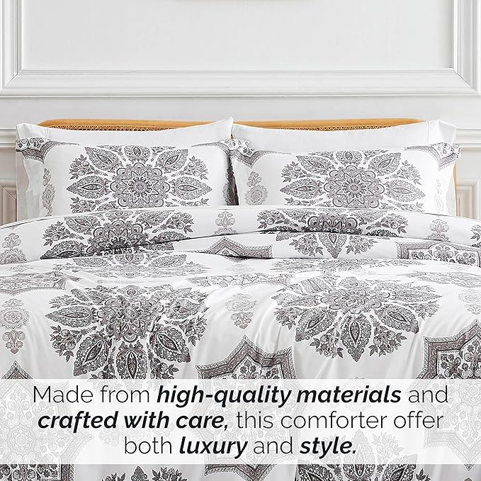 Southshore Fine Living, Inc. Oversized Twin Comforter Bedding Set, Down Alternative Boho Bedspread, Paisley Floral Print Comforter, Twin or Twin XL Comforter with Matching Sham, Grey on White - LeafyLoom