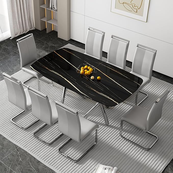 NicBex Large Modern Minimalist Rectangular Dining Table with 0.39 "Imitation Marble Black Tabletop and Silver Metal Legs for Kitchens, Living Rooms, Conference Rooms, and Banquet Halls, Black - LeafyLoom