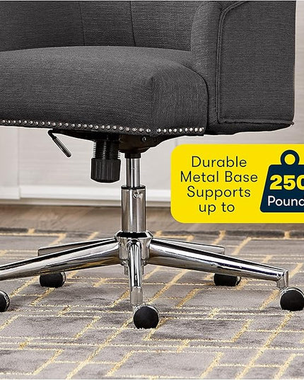 Serta Leighton Modern Office Chair, Stylish Mid-Back Desk Chair, Rivet Detail, Serta Quality Memory Foam, Armchair with Wheels, Vanity Chair, Swivel Chrome Metal Base, Twill Fabric, Dark Gray - LeafyLoom