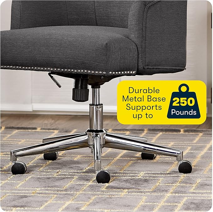 Serta Leighton Modern Office Chair, Stylish Mid-Back Desk Chair, Rivet Detail, Serta Quality Memory Foam, Armchair with Wheels, Vanity Chair, Swivel Chrome Metal Base, Twill Fabric, Dark Gray - LeafyLoom