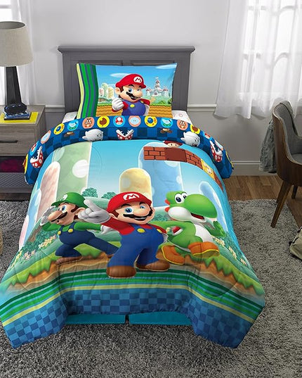 Franco Kids Bedding Super Soft Comforter and Sheet Set, 4 Piece Twin Size, Mario - LeafyLoom