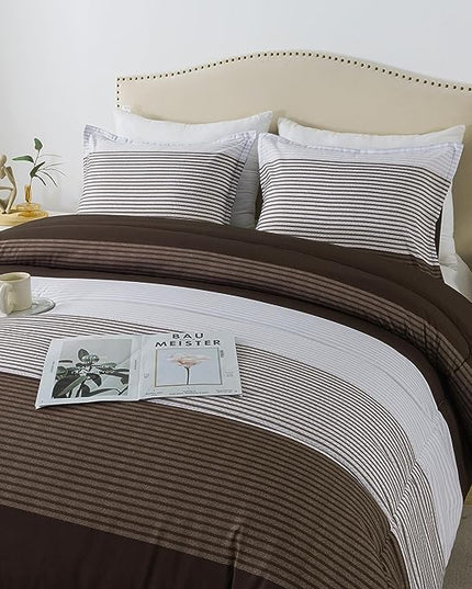 Andency Stripe Comforter Set Queen Size (90x90 Inch), 3 Pieces Brown Patchwork Striped Comforter, Soft Microfiber Down Alternative Comforter Bedding Set with Corner Loops - LeafyLoom