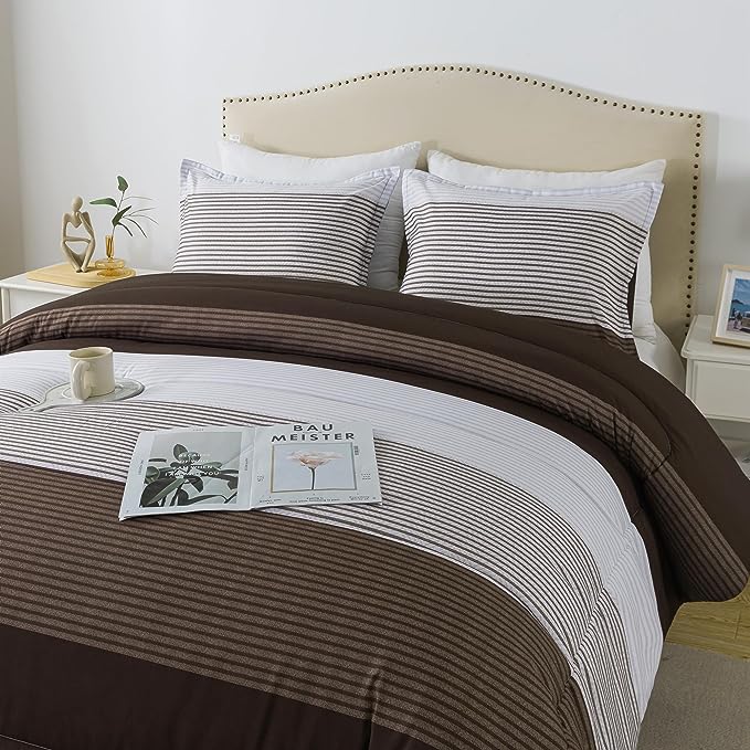 Andency Stripe Comforter Set Queen Size (90x90 Inch), 3 Pieces Brown Patchwork Striped Comforter, Soft Microfiber Down Alternative Comforter Bedding Set with Corner Loops - LeafyLoom