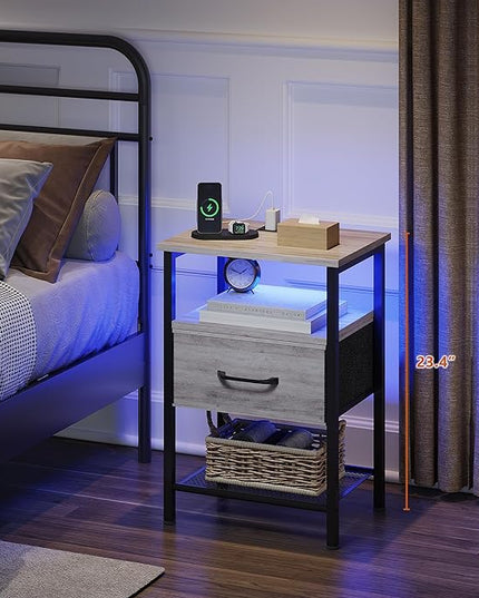 Night Stand Set 2, End Table with Charging Station, LED Bedside Table with Fabric Drawer for Bedroom, 3-Tier Side Table with Open Shelf, Greige - LeafyLoom