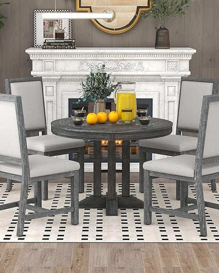 Extendable Round Upholstered, X-Shape Base, Modern Small Kitchen Chairs Room Home Furniture Breakfast Nook, Dining Table Set for 4-6, Black - LeafyLoom