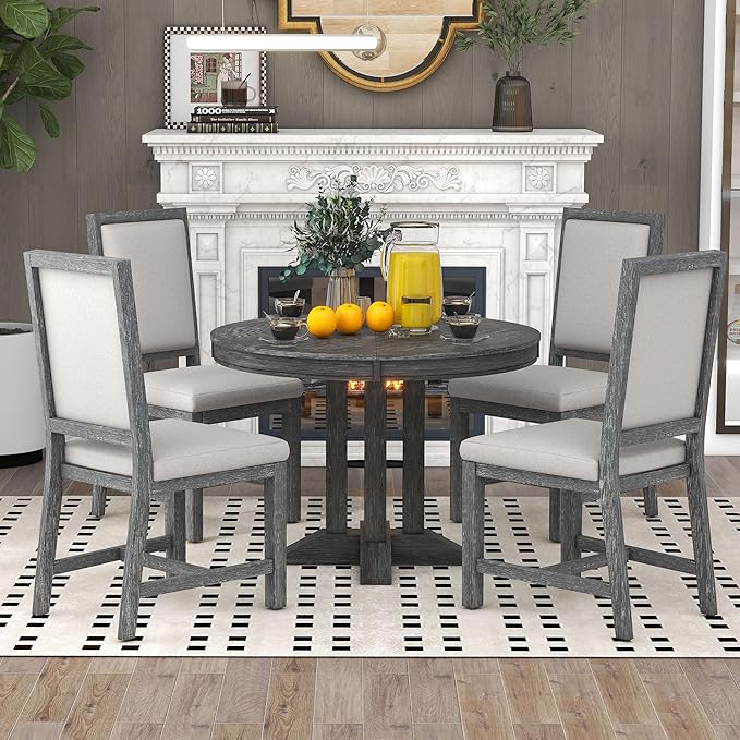 Extendable Round Upholstered, X-Shape Base, Modern Small Kitchen Chairs Room Home Furniture Breakfast Nook, Dining Table Set for 4-6, Black - LeafyLoom