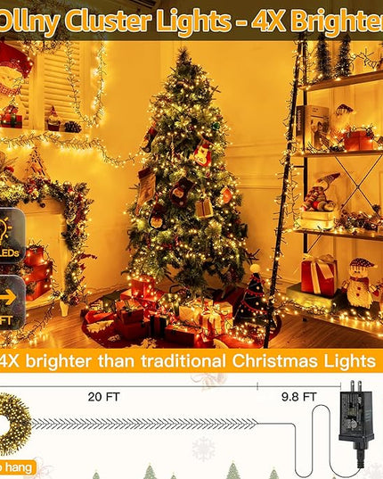 Ollny Cluster Lights Christmas 400LED 20FT, Warm White Christmas Tree Lights 8 Modes Timer Remote, Waterproof Connectable String Lights for Outdoor Indoor Outside Garland Xmas Decorations Ollny