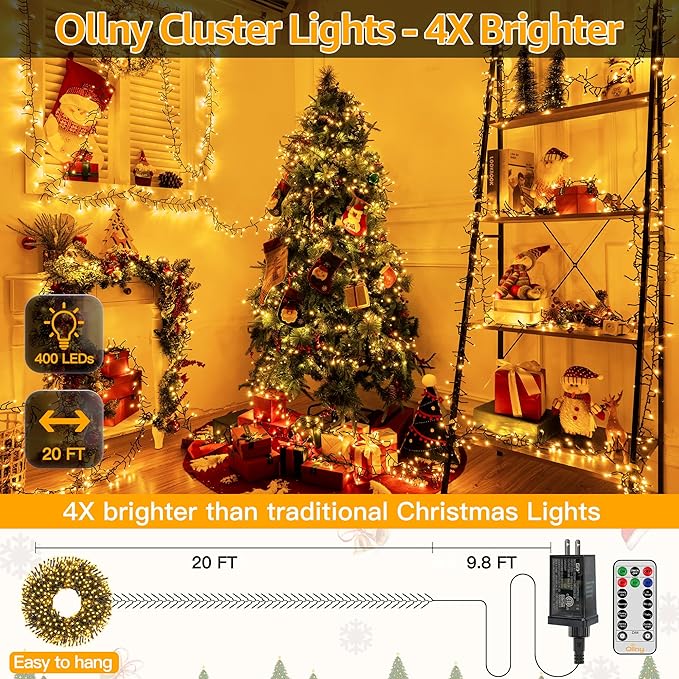 Ollny Cluster Lights Christmas 400LED 20FT, Warm White Christmas Tree Lights 8 Modes Timer Remote, Waterproof Connectable String Lights for Outdoor Indoor Outside Garland Xmas Decorations Ollny