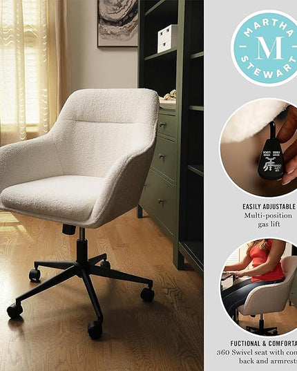 Martha Stewart Rayna Mid-Back Swivel Upholstered Desk Chair with Padded Seat/Armrests, Modern Adjustable Height Office Chair, White/Oil Rubbed Bronze - LeafyLoom