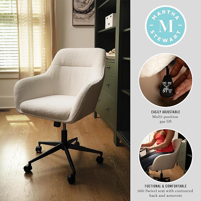 Martha Stewart Rayna Mid-Back Swivel Upholstered Desk Chair with Padded Seat/Armrests, Modern Adjustable Height Office Chair, White/Oil Rubbed Bronze - LeafyLoom