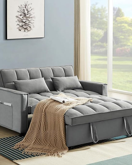 3 in 1 Convertible Loveseat Sleeper Sofa Bed,Modern Velvet Tufted Upholstered Love Seats Sofabed W/Pull Out Sleep Couch and 2 Pillows for Living Room, 55.21", Grey-1123 - LeafyLoom