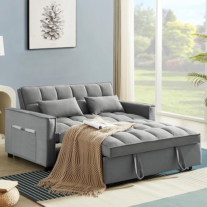 3 in 1 Convertible Loveseat Sleeper Sofa Bed,Modern Velvet Tufted Upholstered Love Seats Sofabed W/Pull Out Sleep Couch and 2 Pillows for Living Room, 55.21", Grey-1123 - LeafyLoom