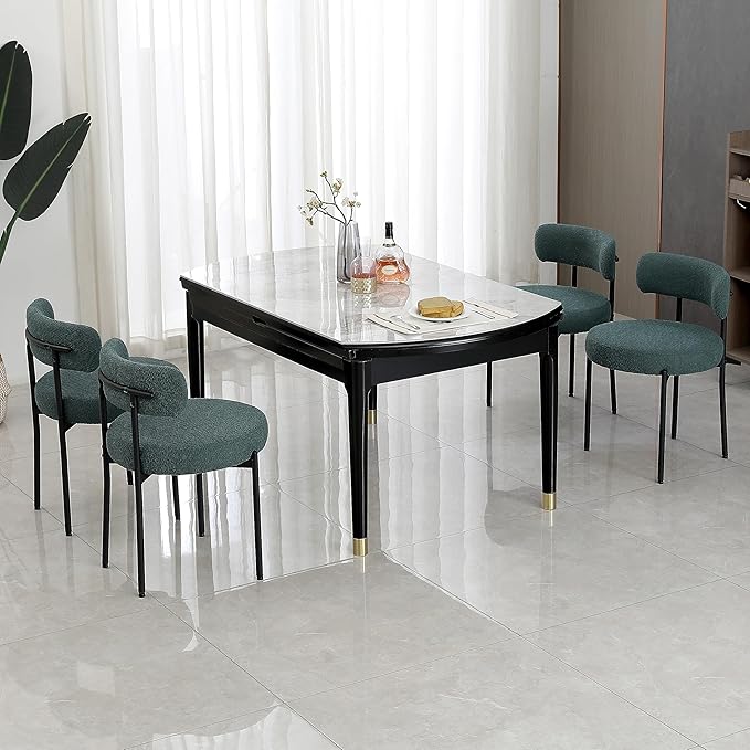 DYHOME Green Dining Chairs Set of 2, Mid-Century Modern Dining Chairs, Kitchen Dining Room Chairs, Curved Backrest Round Upholstered Boucle Sherpa Dining Chair with Black Metal Legs - LeafyLoom