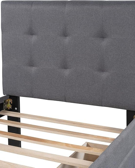 Bellemave Upholstered Twin Size Platform Bed Frame with 2 Storage Drawers and Headboard, Linen Fabric Simple Style, Solid Wooden Slats Support, No Box Spring Needed, Grey - LeafyLoom