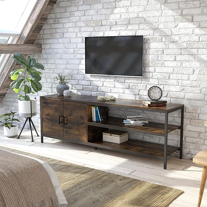 Novilla Retro Farmhouse TV Stand for TVs up to 65 Inches, Living Room Entertainment Center for Flat/Curved Screen, 58 Inches, Brown - LeafyLoom
