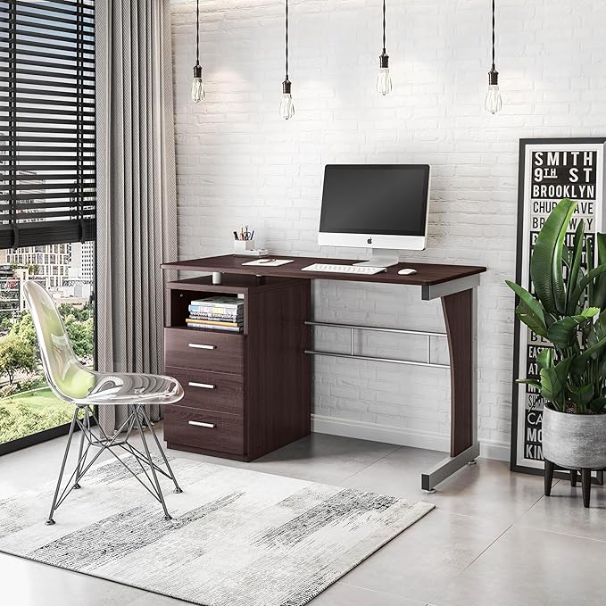 Techni Mobili Drawers Computer Desk, 48" W x 23" D x 30" H, Chocolate - LeafyLoom