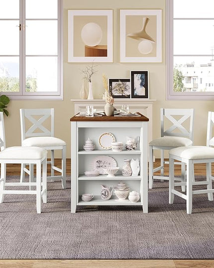 Farmhouse Style Counter Height Rustic wit 4 Chairs, Long-Lasting Solid Rubber Wooden Bar, Easy Assembly, Room, Kitchen, 5 Piece Dining Table Set, White 20 - LeafyLoom