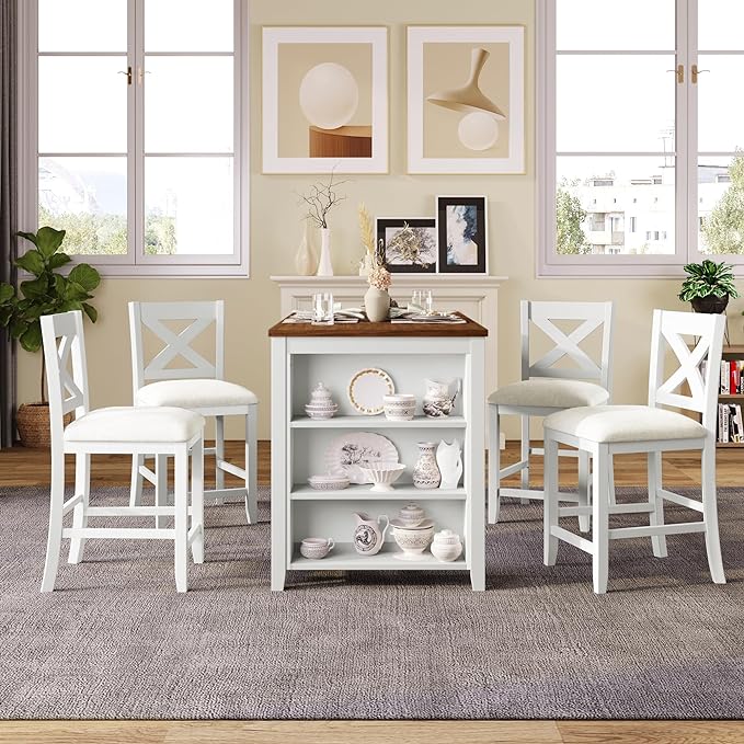 Farmhouse Style Counter Height Rustic wit 4 Chairs, Long-Lasting Solid Rubber Wooden Bar, Easy Assembly, Room, Kitchen, 5 Piece Dining Table Set, White 20 - LeafyLoom