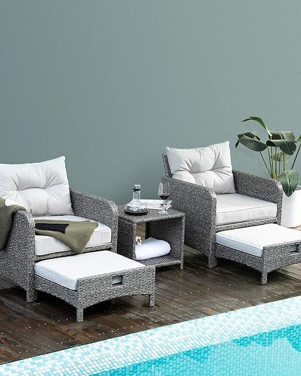 Pamapic 5 Pieces Outdoor Patio Wicker Chairs Set with Ottoman .Outside Conversation Furniture set with Cushions and Coffee for Balcony Porch Lawn Garden Table(Grey Cushion+Light Grey Rattan) - LeafyLoom
