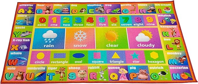 Kids Education Rug Carpet Playmat - ABC Alphabet, Numbers, Shapes and Weather, Extra Large Learn Have Fun Safe, Children's Educational, Multi Color Activity Centerpiece Play Mat! for Bedroom Playroom - LeafyLoom