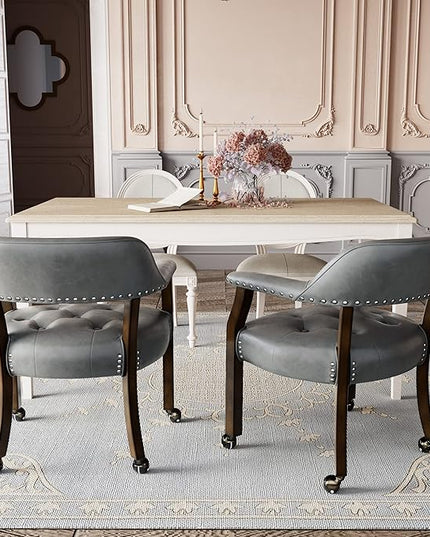 Dining Chairs with Casters and Arms, Rolling Dining Chairs with Wheels, Game Poker Table Chairs, Solid Wood Boss Caption's Chairs Office Desk Chairs, Espresso Legs & Dark Grey, XXY-1910-DG - LeafyLoom