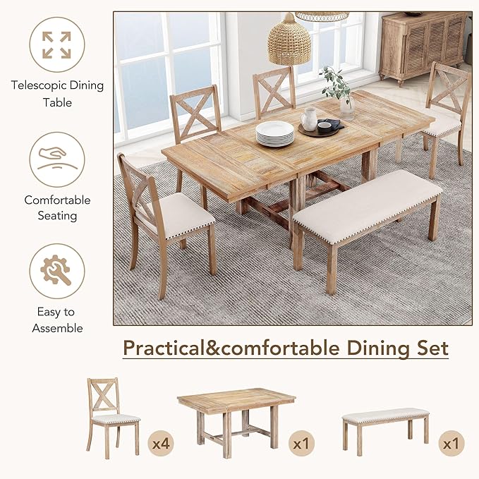 6-Piece Wood 82inch Extendable Dining Table Set with Two 11" Removable Leaves, 4 Upholstered Chairs and Bench, Farmhouse Style, Natural, 60"-82" L x 36" W x 30" H - LeafyLoom