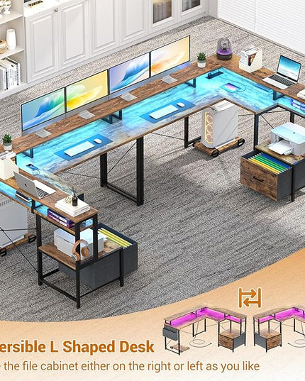 Unikito L Shaped Desk with File Drawer, Reversible L Shaped Computer Desk with Power Outlet & LED Lights, Home Office Desk Corner Desk with Monitor Shelf & Printer Cabinet, Gaming Desk, Rustic Brown - LeafyLoom