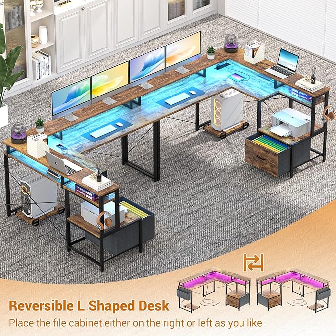 Unikito L Shaped Desk with File Drawer, Reversible L Shaped Computer Desk with Power Outlet & LED Lights, Home Office Desk Corner Desk with Monitor Shelf & Printer Cabinet, Gaming Desk, Rustic Brown - LeafyLoom