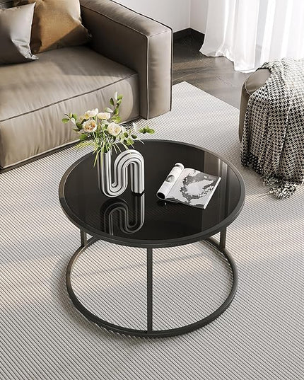 SAYGOER Black Glass Coffee Table Small Round Coffee Tables 27.6In Modern Tempered Glass-Top Accent Center Table for Living Room Home Office Small Space Easy Assembly - LeafyLoom