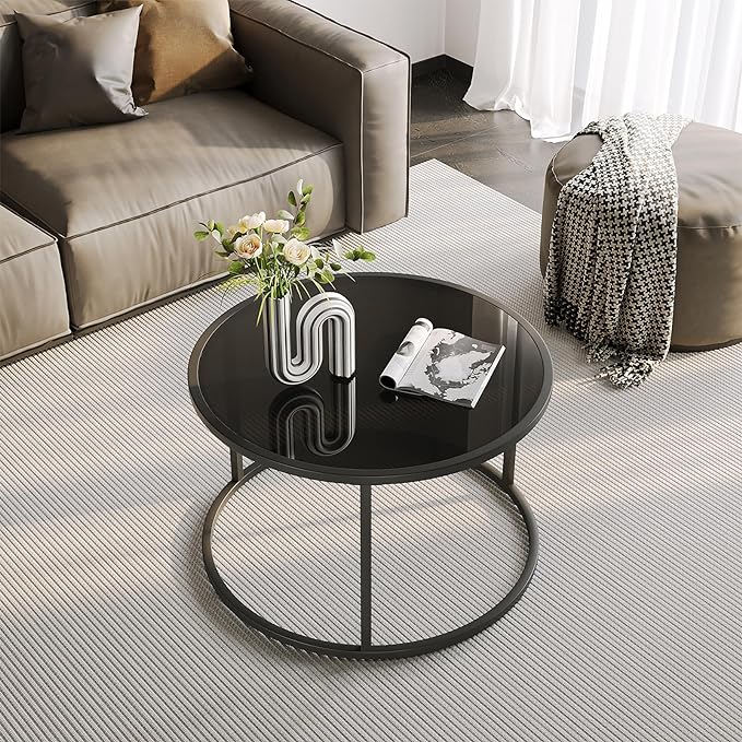 SAYGOER Black Glass Coffee Table Small Round Coffee Tables 27.6In Modern Tempered Glass-Top Accent Center Table for Living Room Home Office Small Space Easy Assembly - LeafyLoom