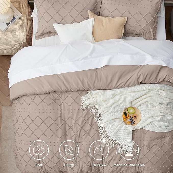 Bedsure Twin/Twin XL Comforter Set - Taupe Boho Twin Extra Long Comforter Set for College, Shabby Chic Dorm Bedding Set, 2 Pieces Modern Farmhouse Bed Set, includes 1 Pillow Sham - LeafyLoom