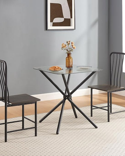 NicBex Small Dining Table for 2 Kitchen Table and Chairs Square Glass Tempered Dining Table with 4 Legs and 2 Metal Chair for Home Office Kitchen Dining Room, Antique Brown - LeafyLoom