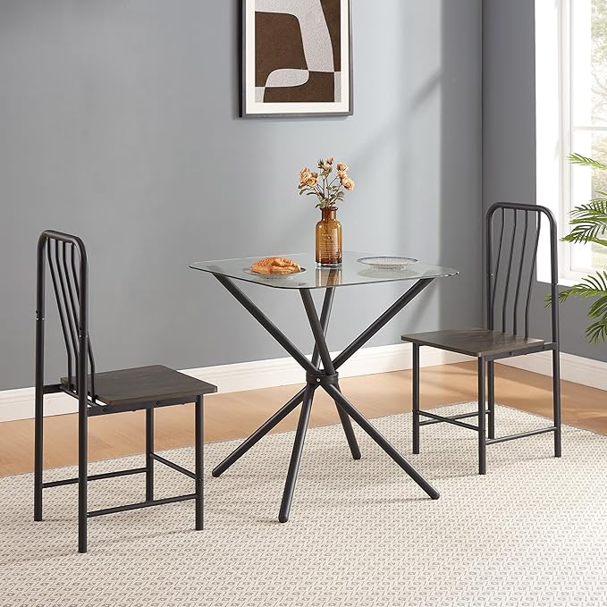 NicBex Small Dining Table for 2 Kitchen Table and Chairs Square Glass Tempered Dining Table with 4 Legs and 2 Metal Chair for Home Office Kitchen Dining Room, Antique Brown - LeafyLoom