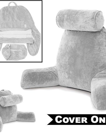 Husband Pillow XXL Cover Micro Plush Easy-Care Fabric Designed with Vibrant Long Lasting Color, Lush with Back & Side Pockets - Wide Large Zipper, Bed Rest Reading Pillowcase, Light Grey - LeafyLoom