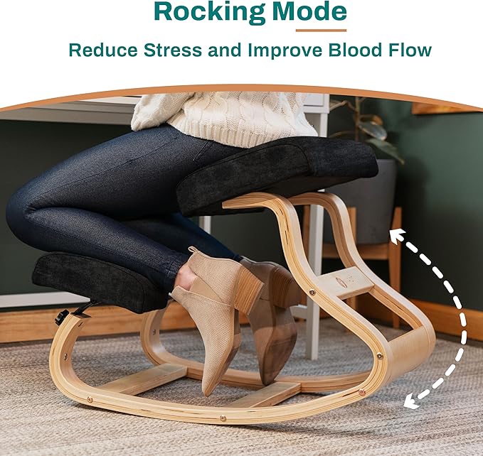 Ergonomic Kneeling Chair - A Rocking Ergo Knee Chair and Wooden Desk Chair designed for Home Office Study and Posture Chair Support, Reduce Neck and Back Pressure - Velvet Black - LeafyLoom