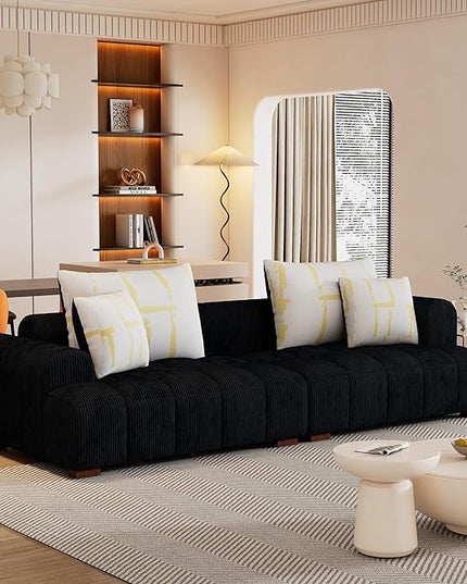 104" 4 Seaters Cloud Modular Corduroy Upholstery Sectional, Modern Living Room Upholstered Furniture Deep Seat Sofa & Couch with 4PCS Pillows and Rubber Wood Legs for Home Office Apartment, Black - LeafyLoom