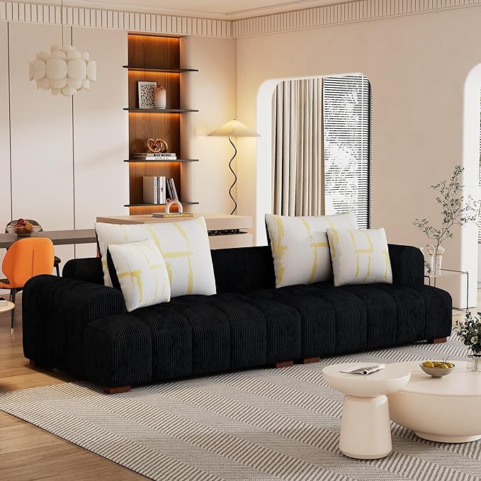 104" 4 Seaters Cloud Modular Corduroy Upholstery Sectional, Modern Living Room Upholstered Furniture Deep Seat Sofa & Couch with 4PCS Pillows and Rubber Wood Legs for Home Office Apartment, Black - LeafyLoom