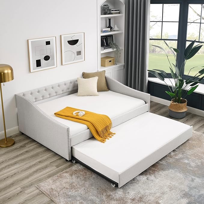 Full Size Daybed with Twin Size Trundle, Upholstered Tufted Sofa Bed, with Nailhead Trim,with Button on Back,for Bedroom,Livingroom,Small Space,Beige (80.5''x55.5''x27.5'') - LeafyLoom