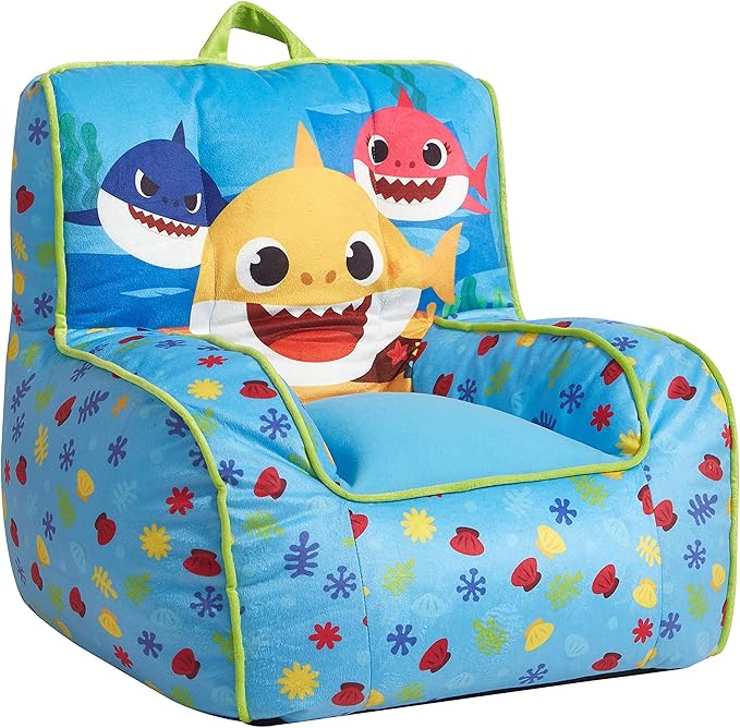 Idea Nuova Baby Shark Kids Mink Plush Bean Bag Chair with Piping & Top Carry Handle, Large - LeafyLoom