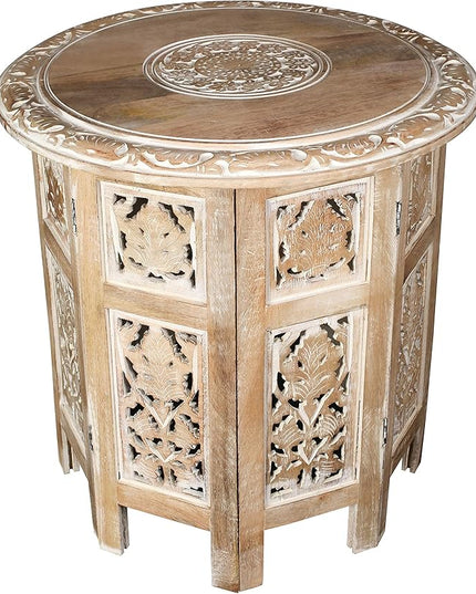 Hand Crafted Solid Wood Accent Table, Side Table, Entryway Table, Wooden End Table, Octagonal Wooden Table - 18 Inch Round Top x 18 Inch High - White - LeafyLoom