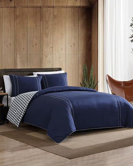 Eddie Bauer - Queen Comforter Set, Reversible Cotton Bedding with Matching Shams, Pre-Washed for Added Softness (Kingston Navy, Queen) - LeafyLoom