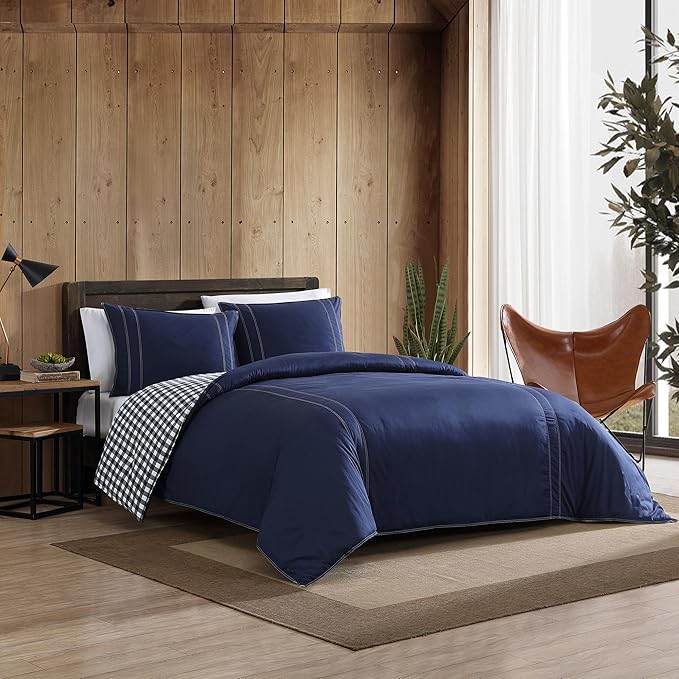 Eddie Bauer - Queen Comforter Set, Reversible Cotton Bedding with Matching Shams, Pre-Washed for Added Softness (Kingston Navy, Queen) - LeafyLoom