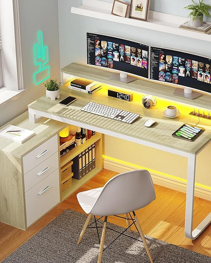 YITAHOME L Shaped Desk with Drawers, 55" Corner Computer Desk with Power Outlets, L-Shaped Desk with LED Lights & File Cabinet for Home Office, White & Oak - LeafyLoom