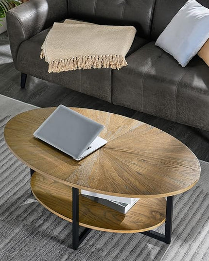 Solid Wood Oval Coffee Table with Cross Metal Legs, 43.3in Modern Industrail Center Table with Open Shelf Cocktail Tea Table for Living Room Bedroom, Rustic Nature 1811 - LeafyLoom